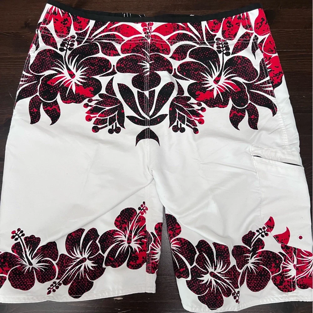 Hurley White Swim Shorts with Red and Black Floral Print